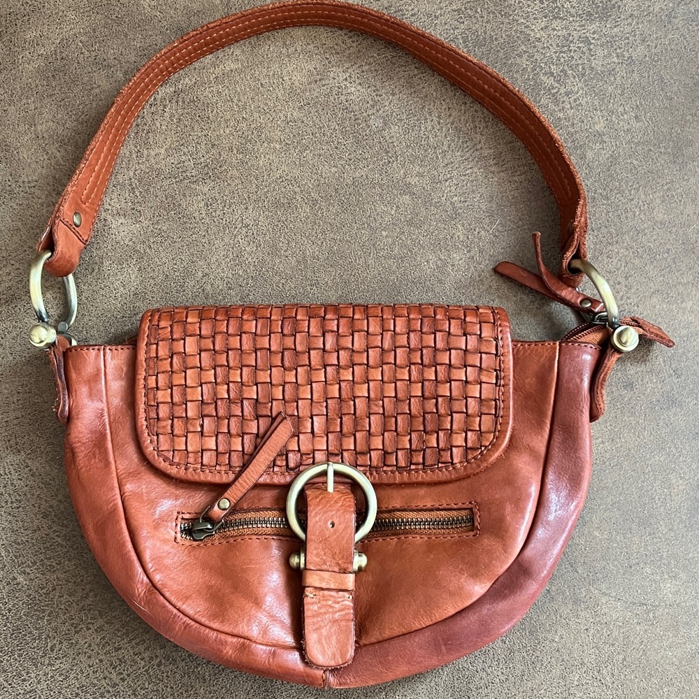 Marta Ponti Cognac Brown Leather Basketweave Satchel Handbag with Brass Hardware